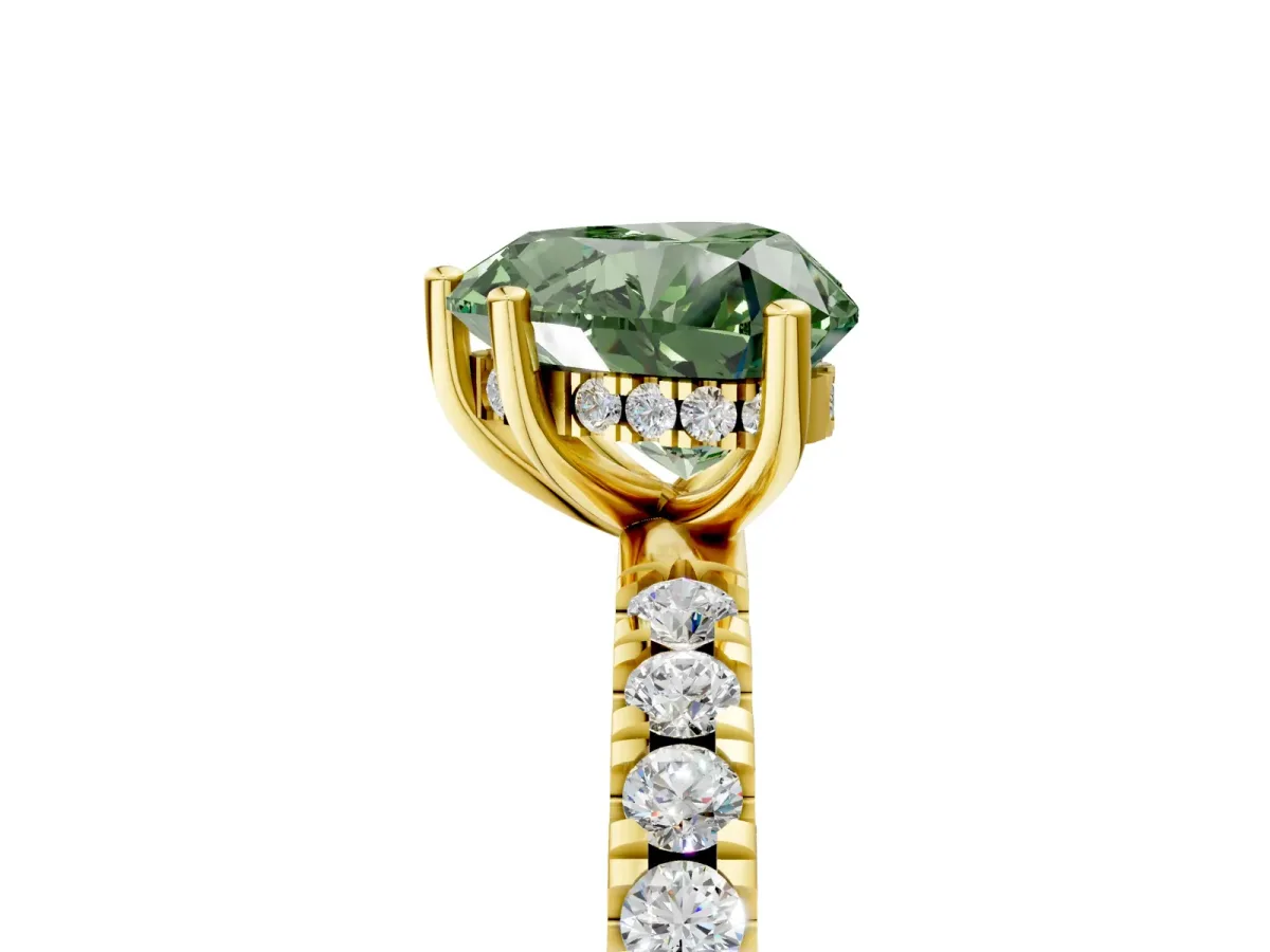 Fancy Green Heart Cut Diamond Pave Band Solitaire Ring with Round and Prong Setting Yellow gold
