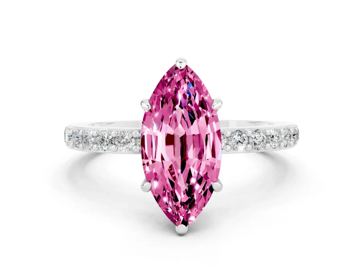 Marquise Cut Pink Sapphire Solitaire Engagement Ring with Pavé Band and Four-Prong Setting White gold