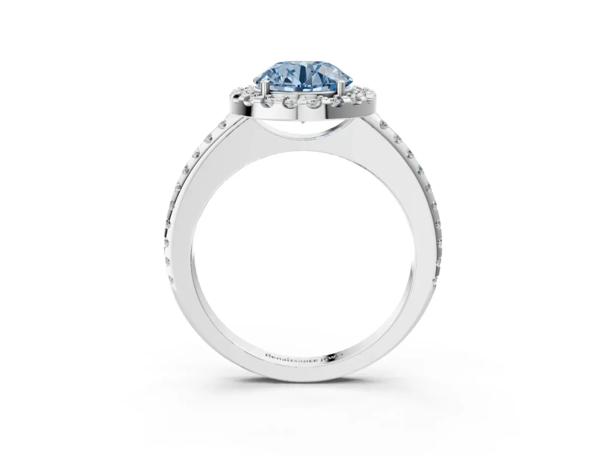 Fancy Blue Round Cut Diamond Pavé Halo Ring with Four-Prong Setting Platinum