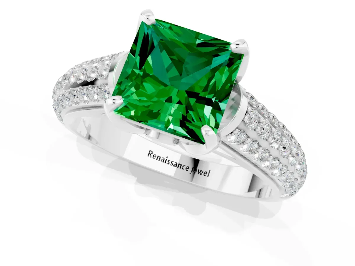 Princess Cut Emerald Solitaire Ring with Three-Row Pavé Band and Four-Prong Setting Platinum