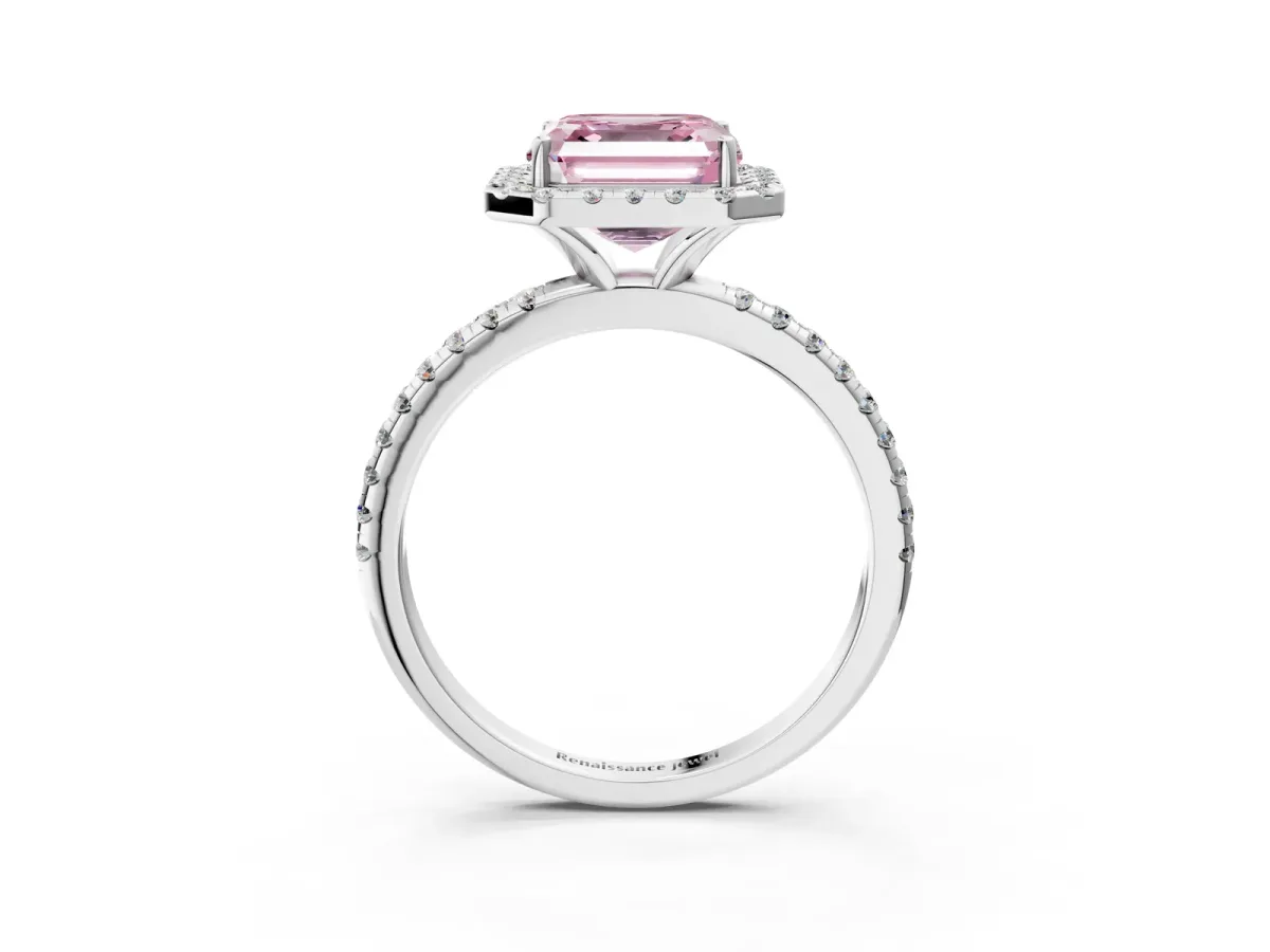 Fancy Pink Asscher Cut Diamond Halo Engagement Ring with Round Pavé Band and Prong Setting Platinum