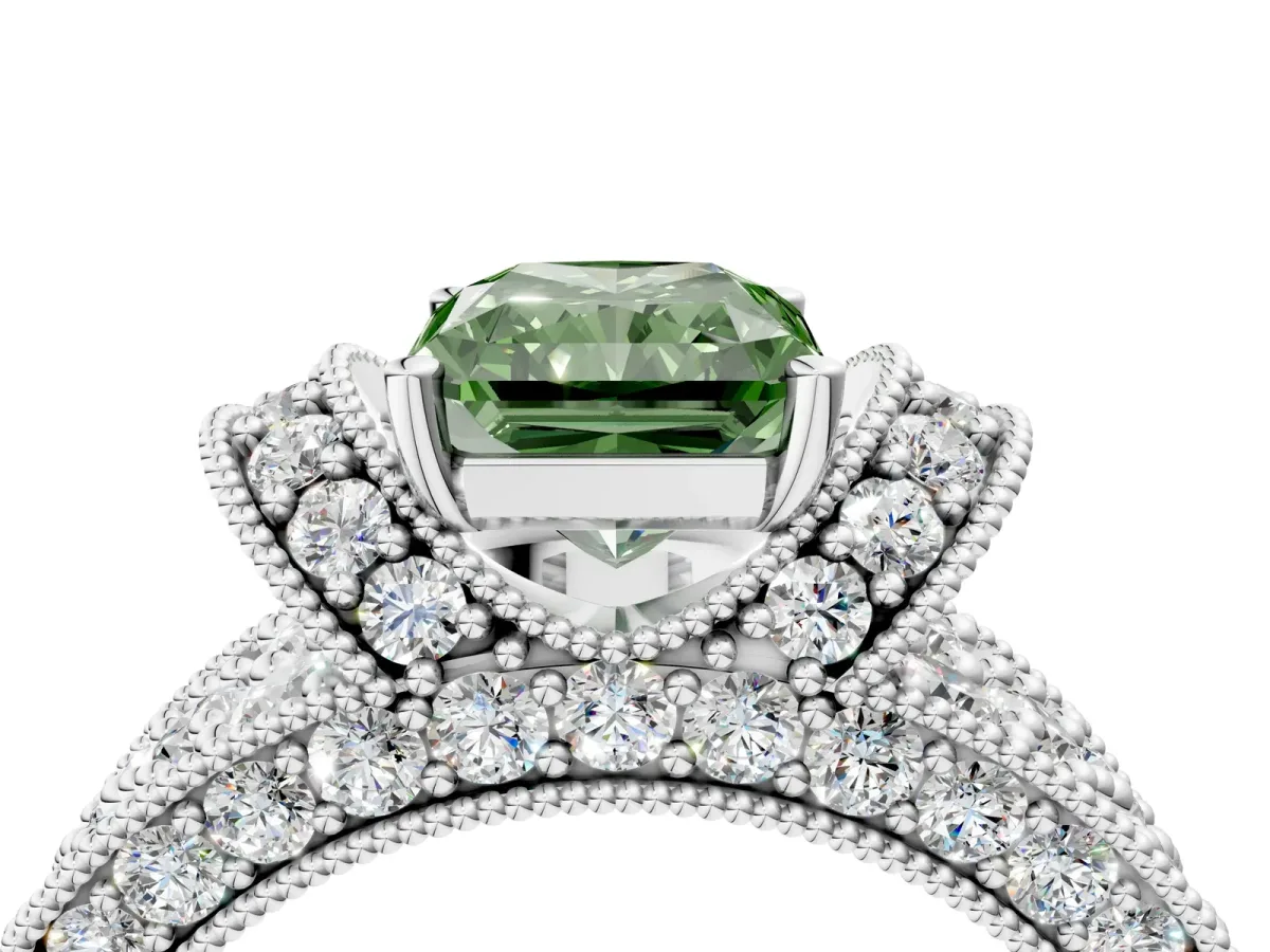Fancy Green Radiant Cut Halo Pave Diamond Engagement Ring with Milgrain Detailing Platinum