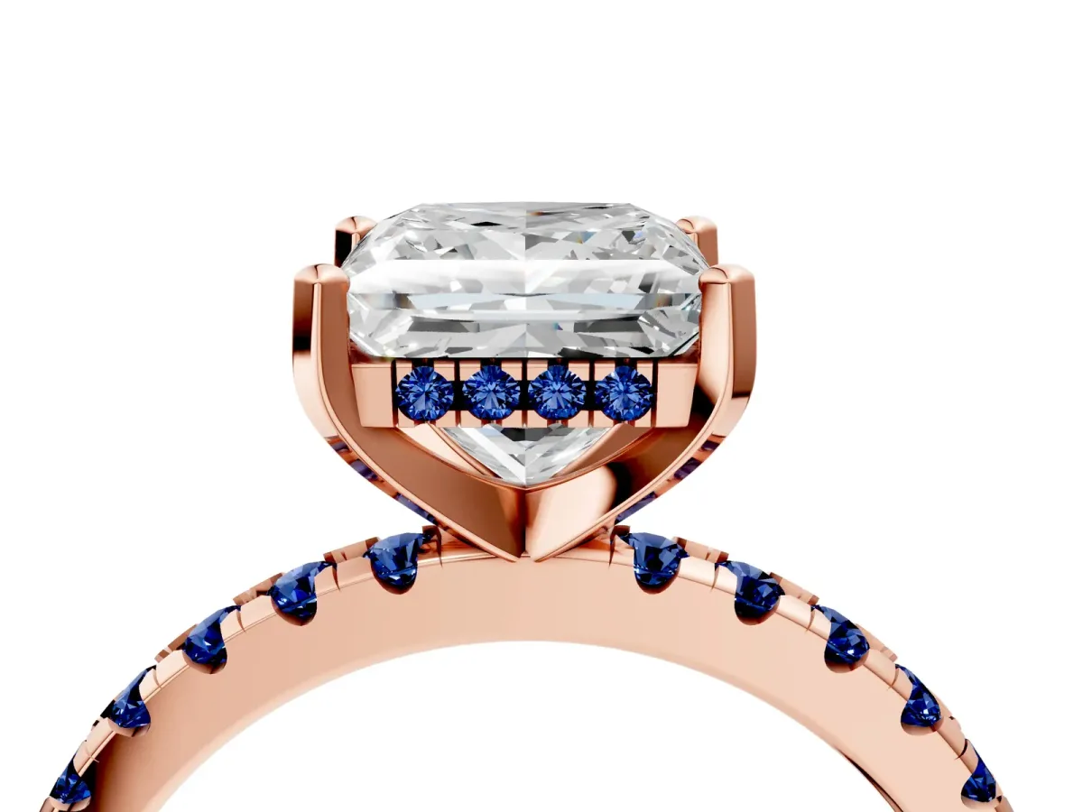 Princess Cut Diamond Solitaire Ring with Round Blue Sapphire Pavé Band and Four-Prong Setting Rose gold