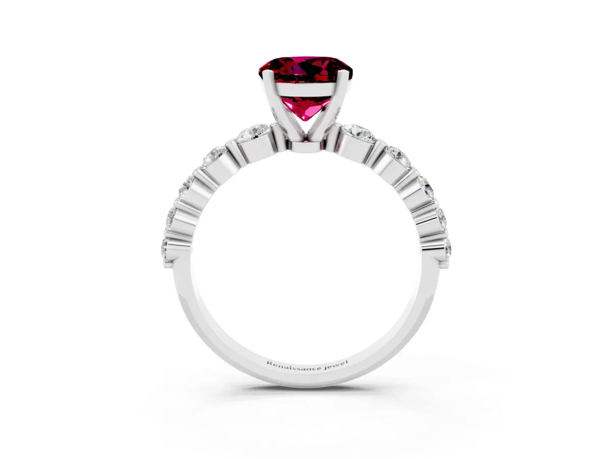 Round Cut Solitaire Garnet Ring with Pave Band and Four-Prong Setting Platinum