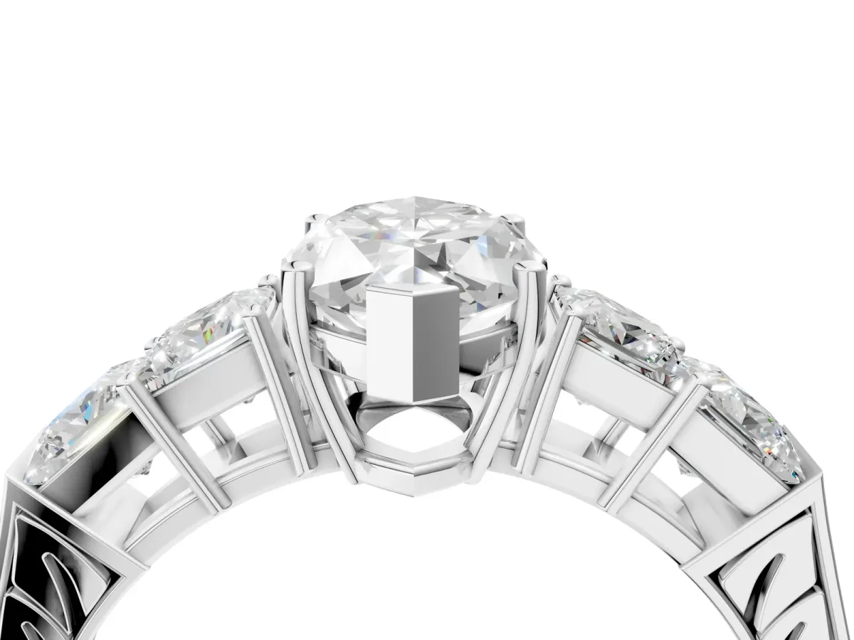 Marquise Cut Solitaire Princess Side Stone Engraved Band Prong Setting Ring Platinum
