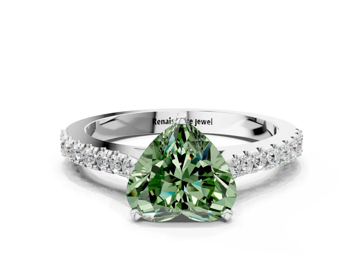 Fancy Green Heart Cut Cut Solitaire Diamond Engagement Ring with Pave Band and Four-Prong Setting White gold
