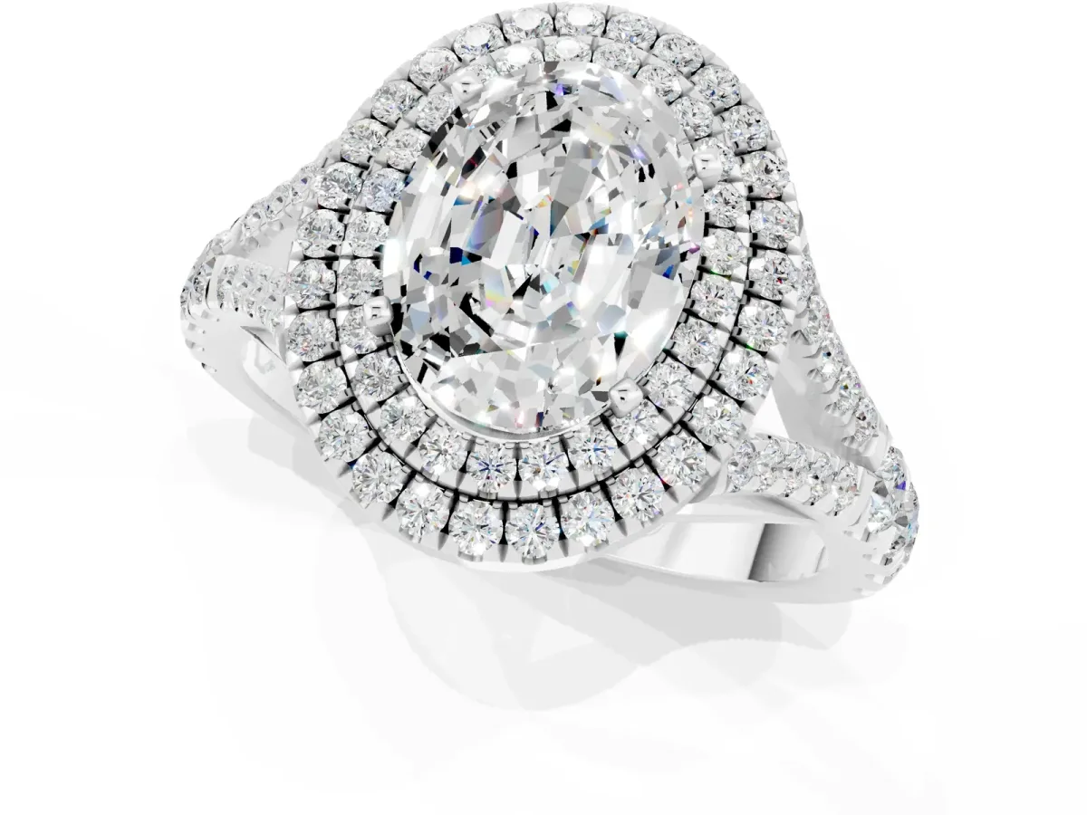 Double Halo Oval Cut Moissanite Pavé Split Shank Ring with Prong Setting Silver