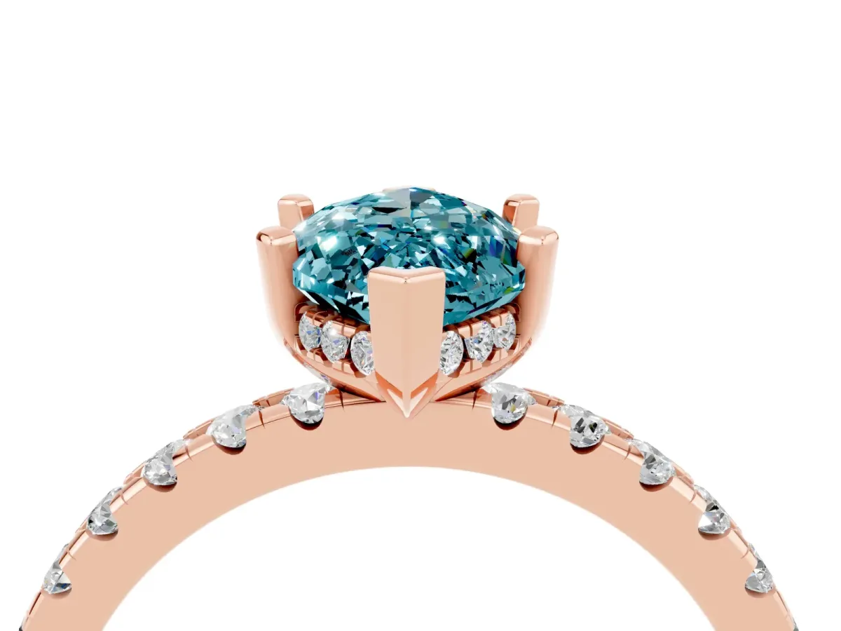 Marquise Cut Blue Topaz Solitaire Ring with Round Pavé Band and Four-Prong Setting Rose gold