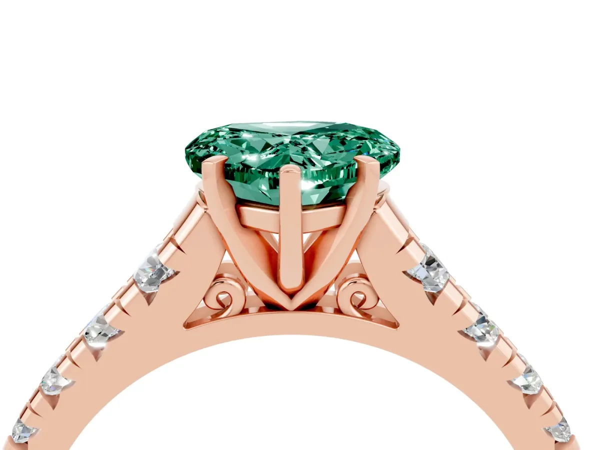 Heart Cut Green Sapphire Cathedral Solitaire Ring with Round Pavé Band Rose gold