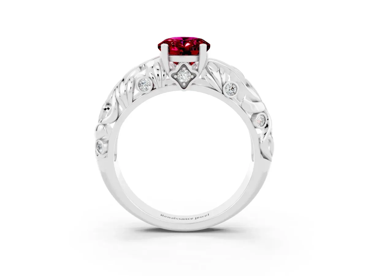 Oval Cut Solitaire Garnet Leaf-Inspired Vine Band Ring with Prong Setting White gold
