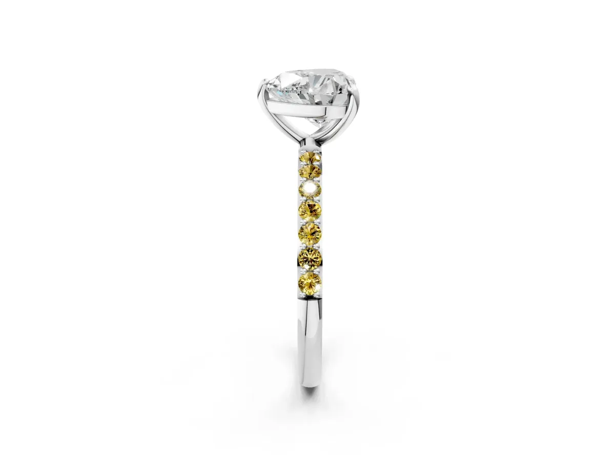 Heart Cut Diamond Solitaire Ring with Round Yellow Sapphire Pavé Band and Prong Setting White gold