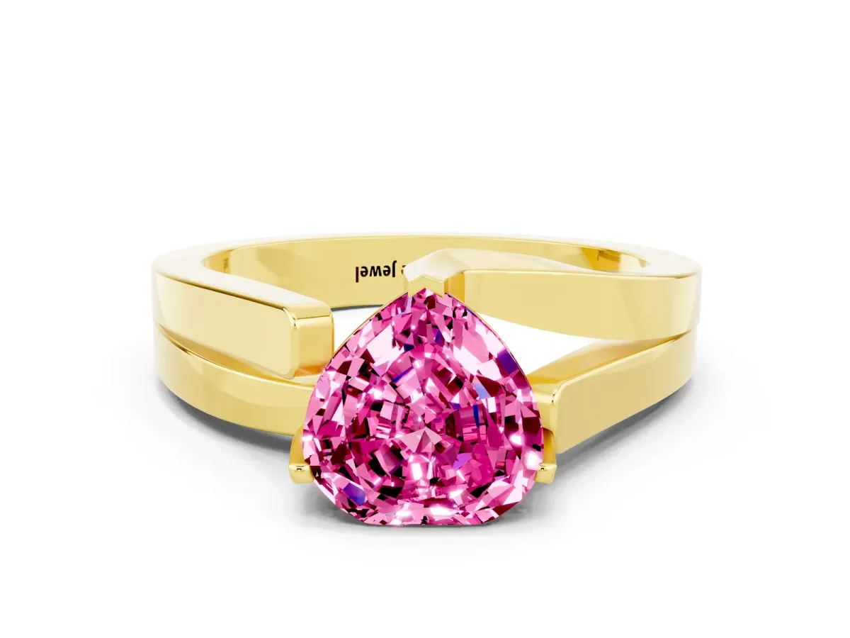 Modern Tension Set Heart Cut Pink Sapphire Solitaire Wide Band Ring Yellow gold