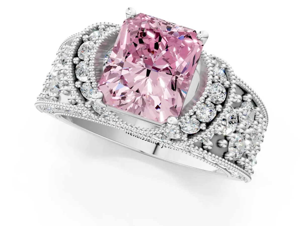 Fancy Pink Radiant Cut Halo Pave Diamond Engagement Ring with Milgrain Detailing Platinum