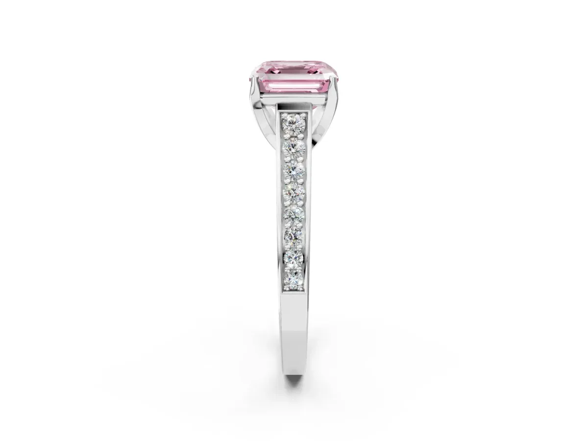 Fancy Pink Asscher Cut Brilliant Cut Diamond Engagement Ring with Pavé Band and Four-Prong Setting Platinum