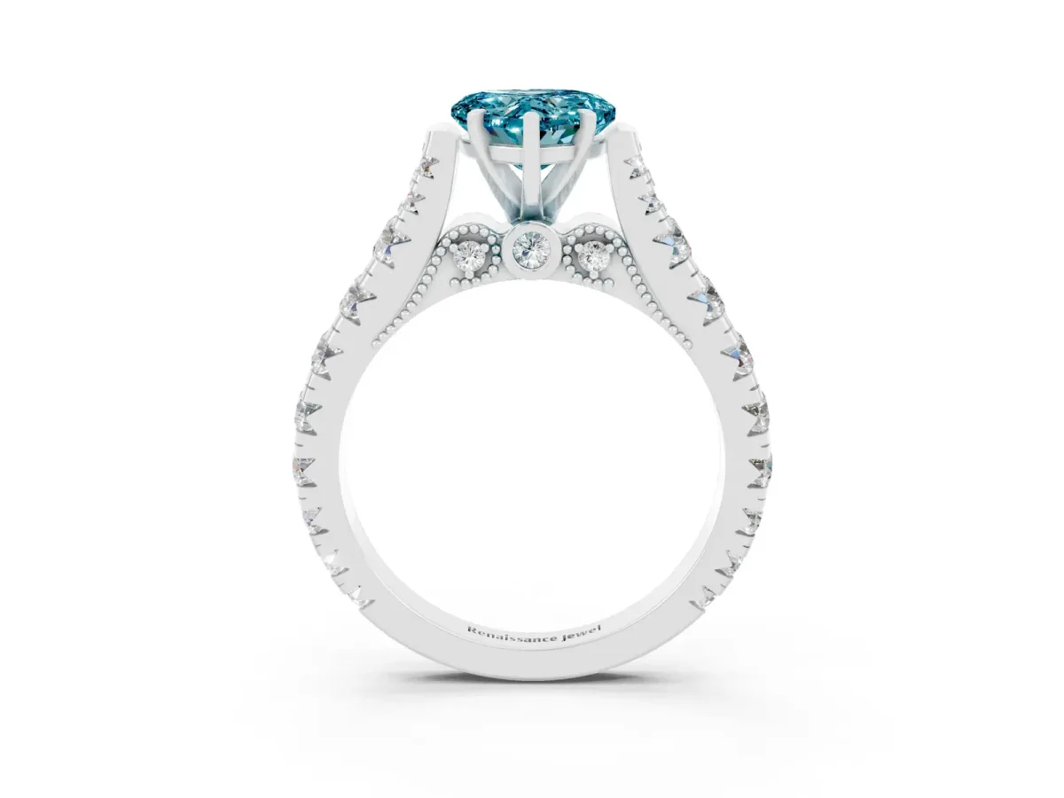 Heart Cut Blue Topaz Classic Solitaire Ring with Pavé Band and Four-Prong Setting White gold