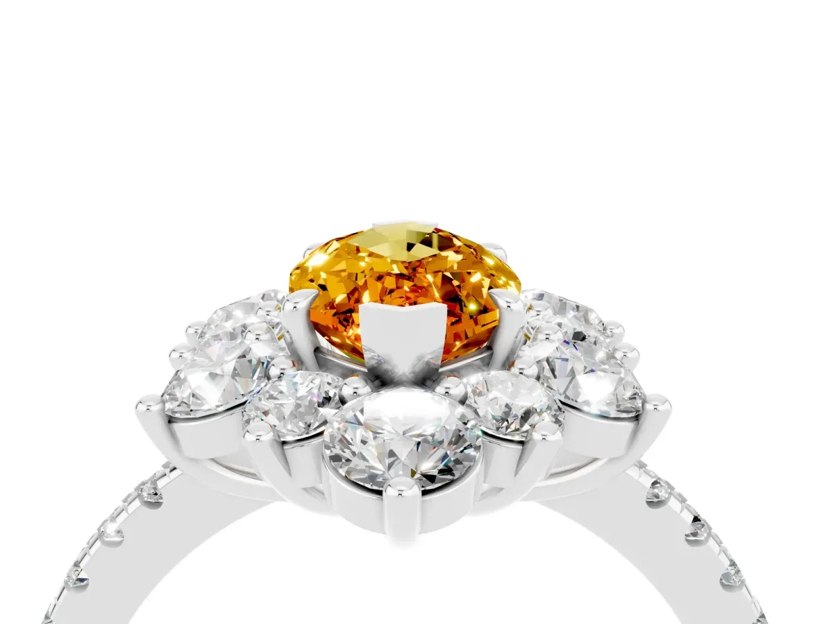 Marquise Cut Citrine Floral Halo Ring with Round Pavé Band and Prong Setting Platinum