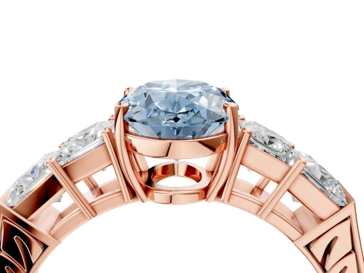 Fancy Blue Oval Cut Solitaire Princess Side Stone Engraved Band Prong Setting Ring Rose gold