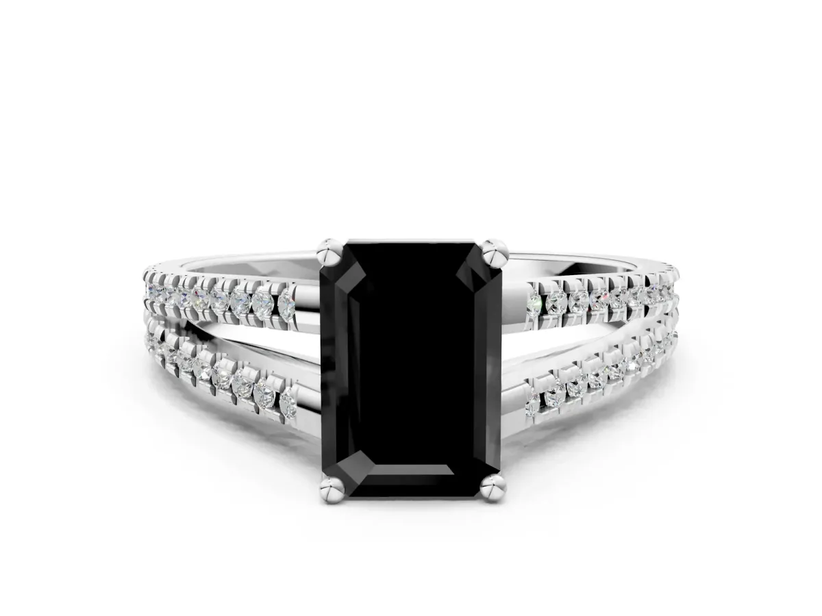 Fancy Black Emerald Cut Diamond Solitaire Engagement Ring with Split Shank Pavé Band Silver