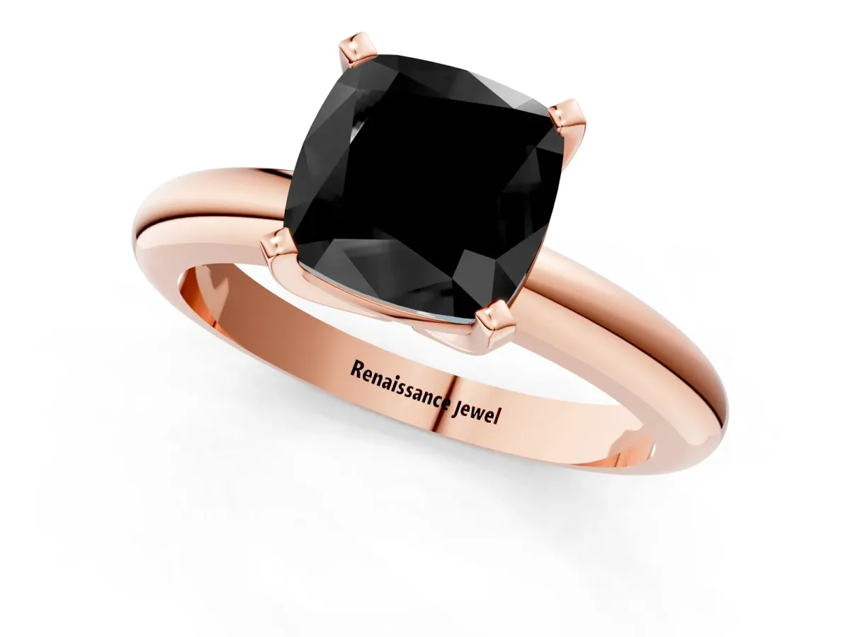 Fancy Black Cushion Cut Diamond Solitaire Engagement Ring with Round Band and Four-Prong Setting Rose gold