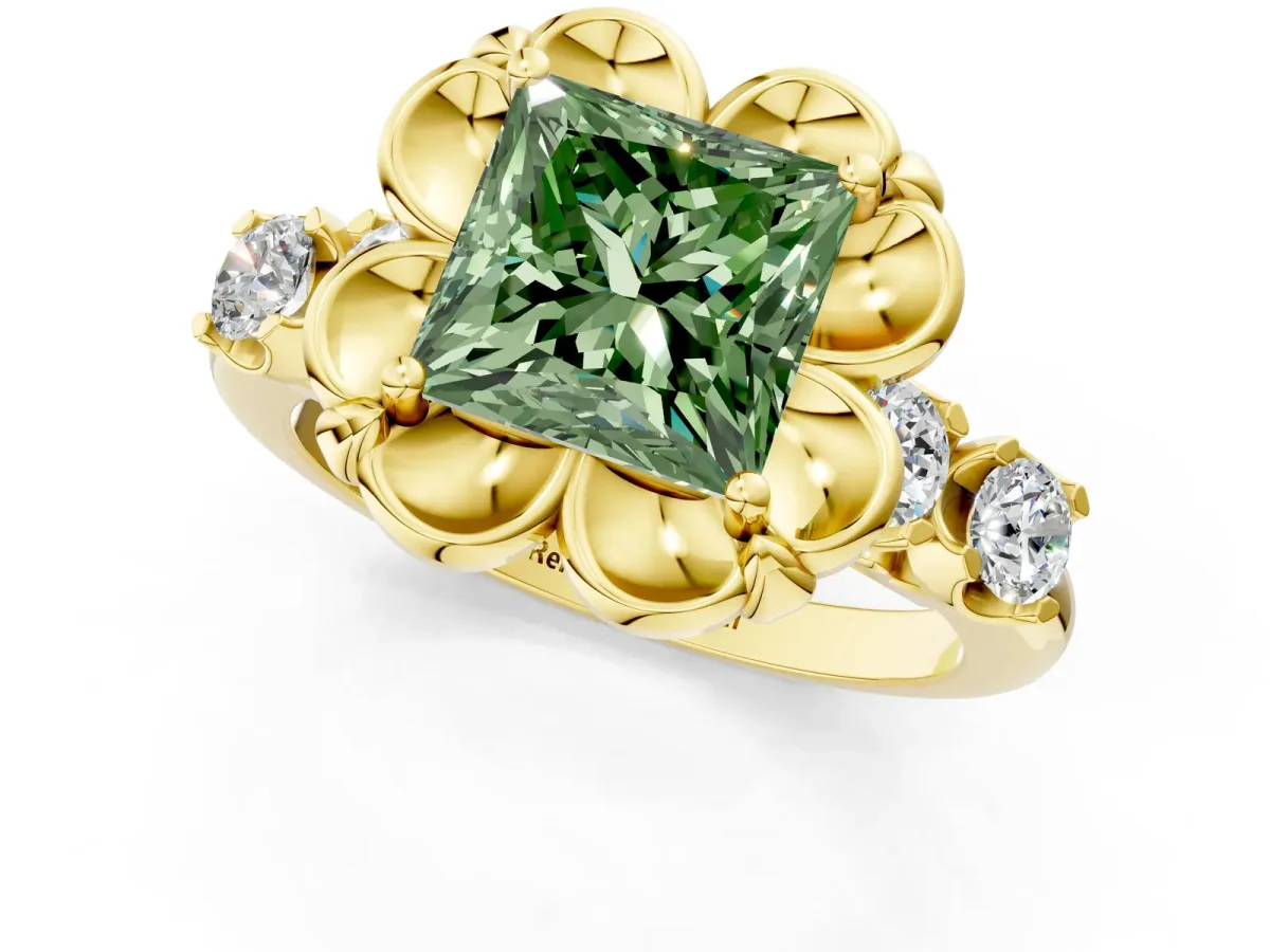 Fancy Green Princess Cut Cut Diamond Floral Halo Engagement Ring with Shared Prong Setting Yellow gold