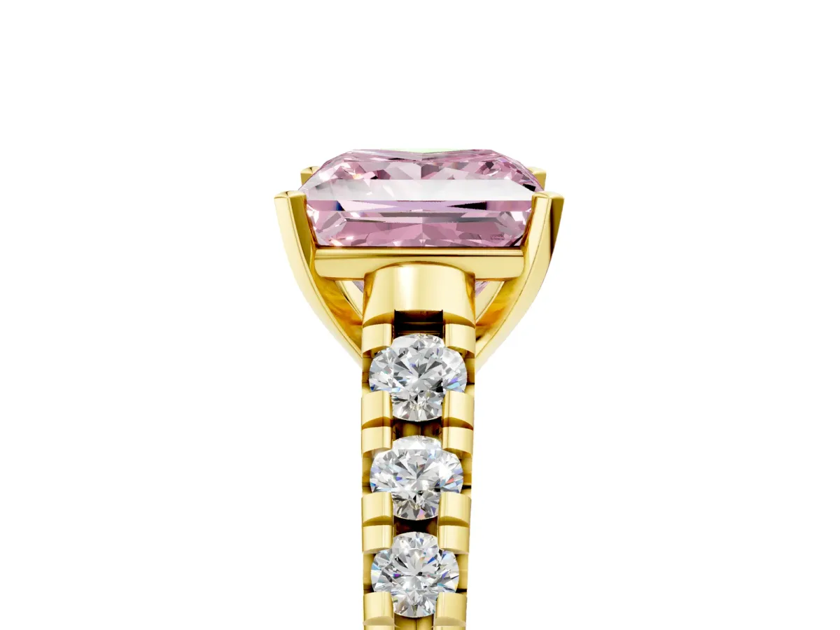 Fancy Pink Princess Cut Diamond Cathedral Solitaire Ring with Round Pavé Band Yellow gold