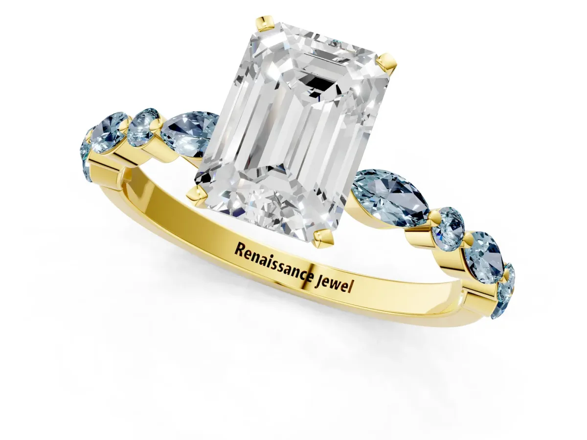 Emerald Cut Diamond Ring with Marquise and Round Aquamarine Side Stones and Four-Prong Setting Yellow gold