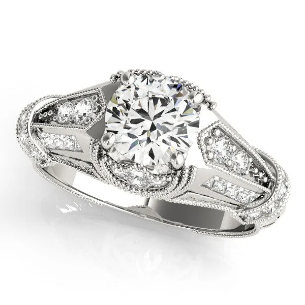 Vintage Milgrain Round Cut Diamond Split Shank Ring with Prong Setting White gold