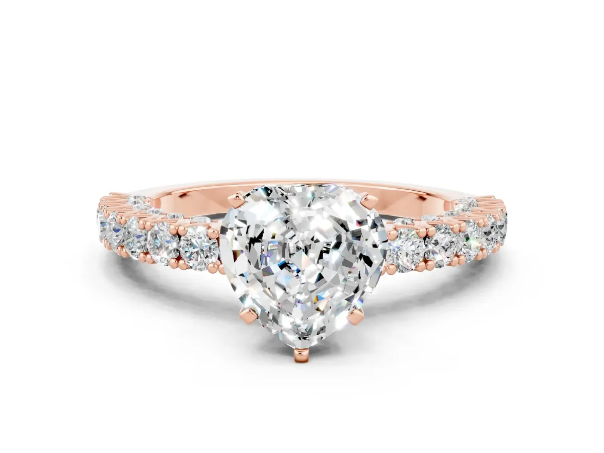 Heart Cut Moissanite Solitaire Ring with Round Accent Pavé Band and Prong Setting Rose gold