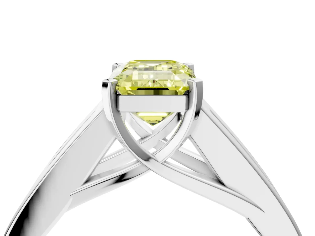 Fancy Yellow Emerald Cut Cut Channel Set Solitaire Ring with Four-Prong Setting White gold