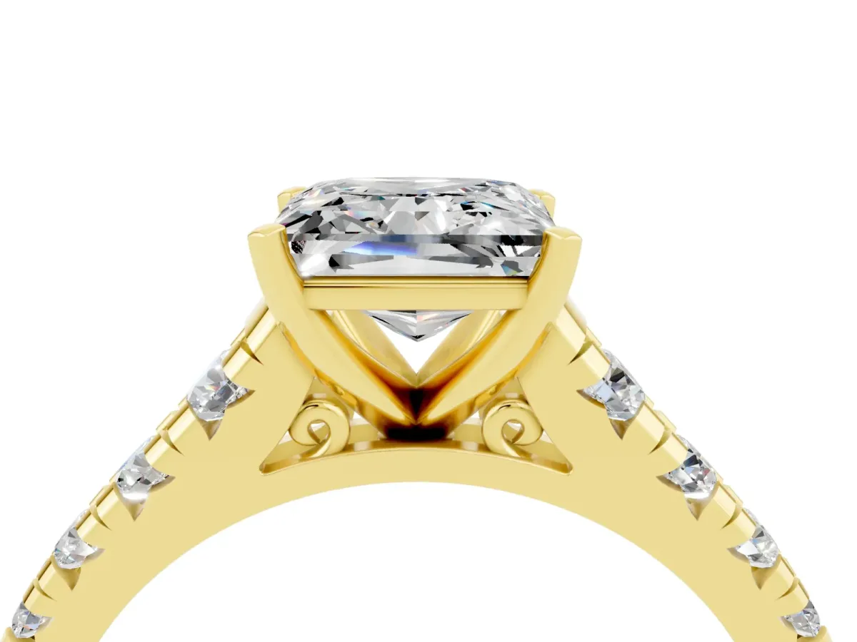Princess Cut Moissanite Cathedral Solitaire Ring with Round Pavé Band Yellow gold