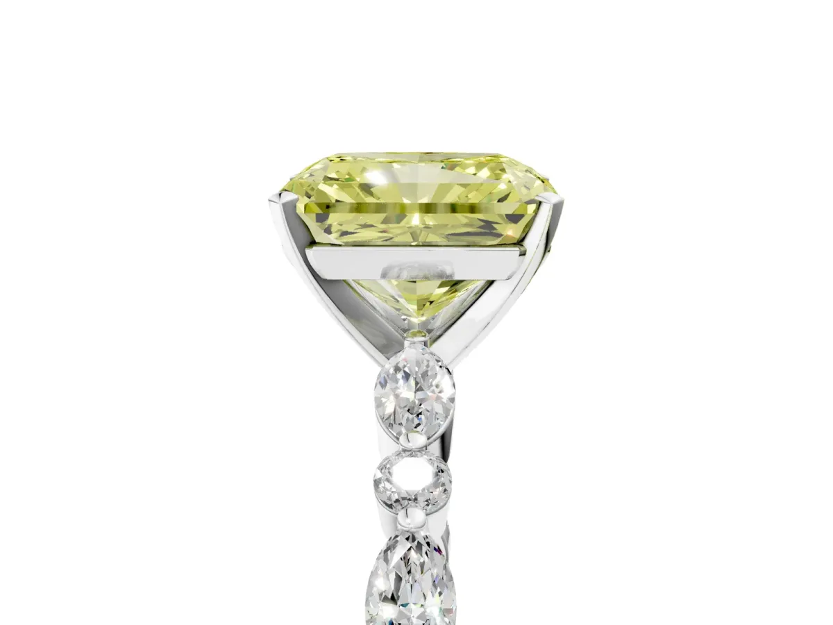Fancy Yellow Radiant Cut Diamond Ring with Marquise and Round Side Stones and Four-Prong Setting White gold