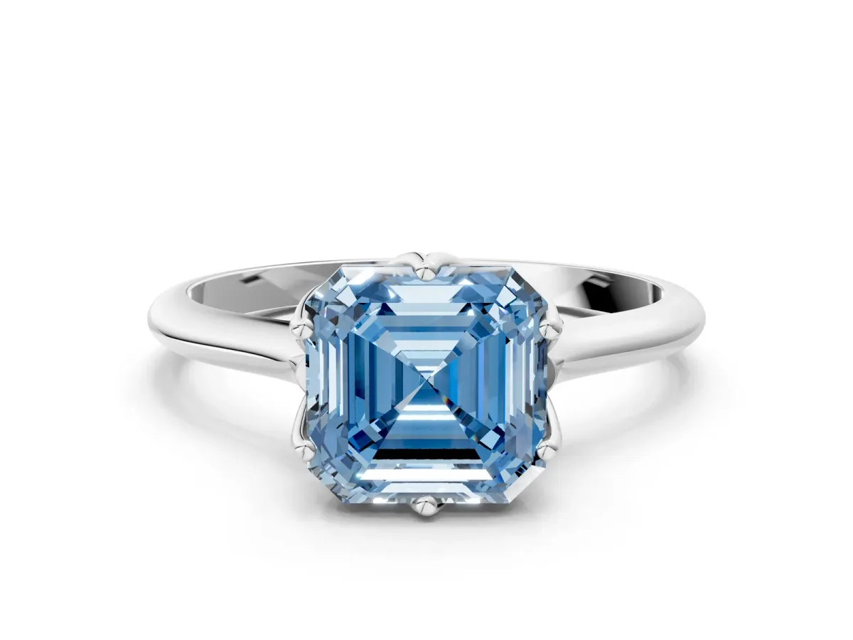 Fancy Blue Asscher Cut Solitaire Cathedral Diamond Ring with Six-Prong Setting Platinum