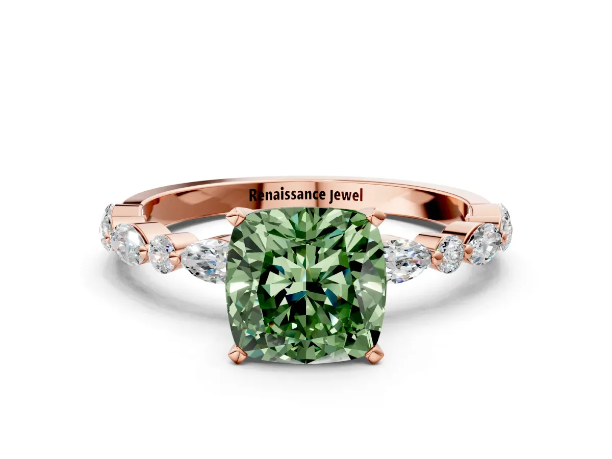 Fancy Green Cushion Cut Diamond Ring with Marquise and Round Side Stones and Four-Prong Setting Rose gold