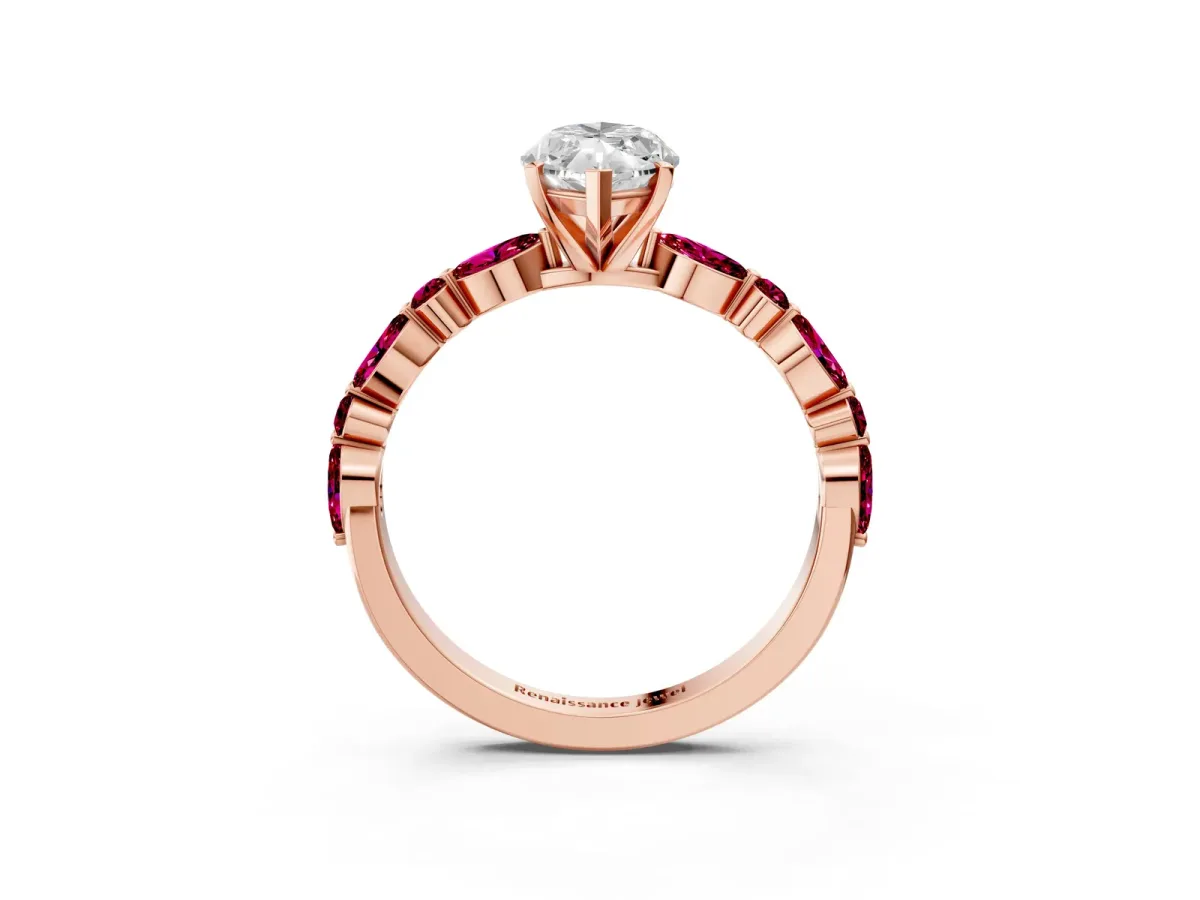 Marquise Cut Diamond Ring with Marquise and Round Garnet Side Stones and Four-Prong Setting Rose gold