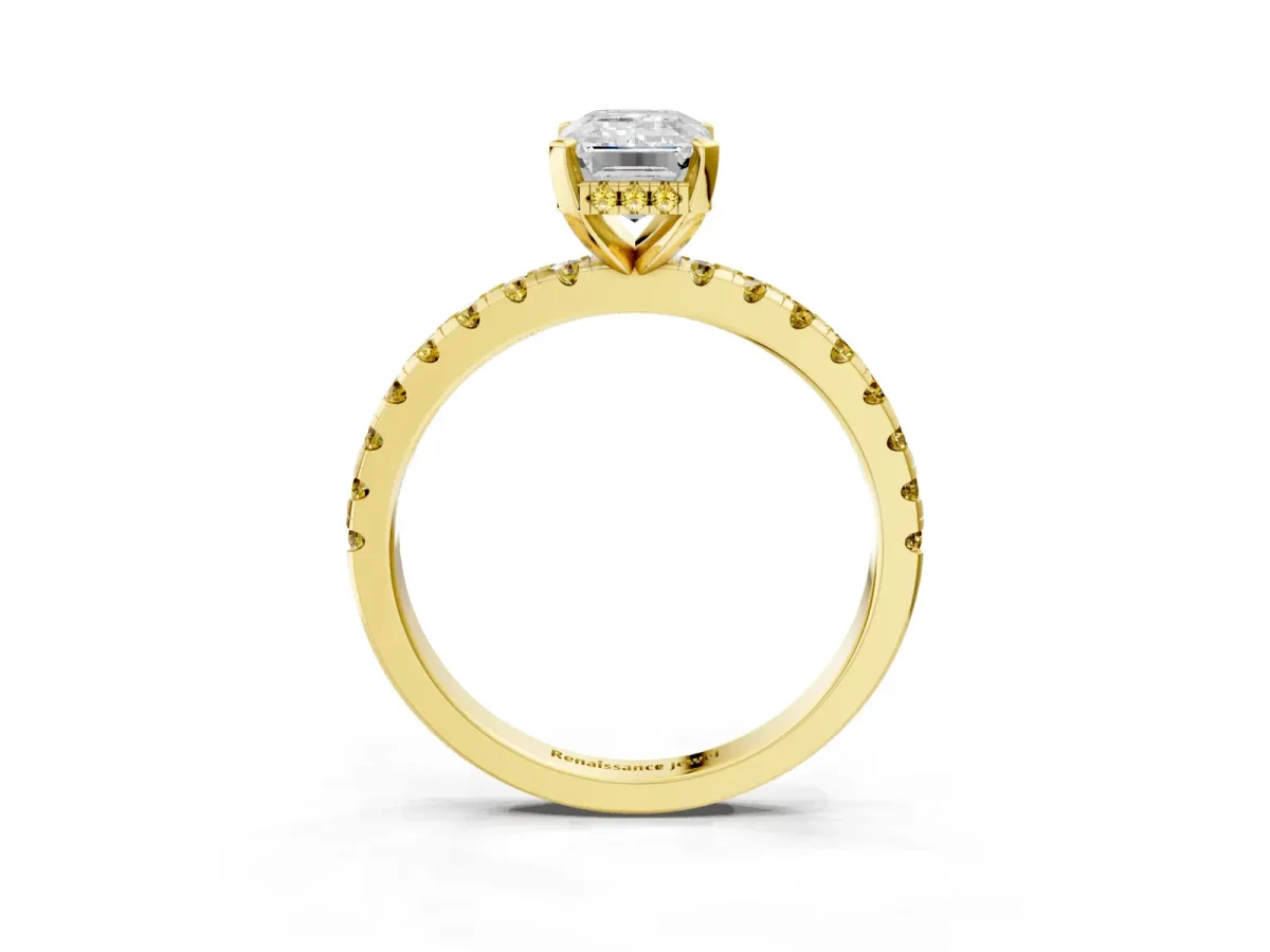 Emerald Cut Diamond Solitaire Ring with Round Yellow Sapphire Pavé Band and Four-Prong Setting Yellow gold