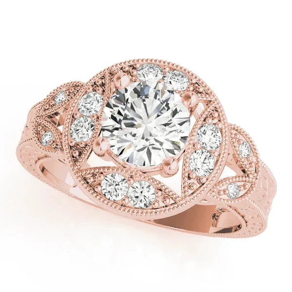 Round Cut Halo Milgrain Diamond Engagement Ring with Leaf Band and Four-Prong Setting Rose gold
