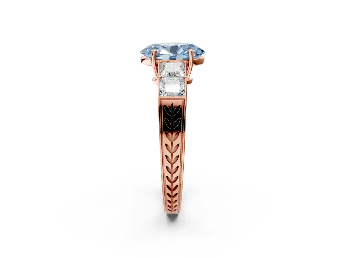Fancy Blue Oval Cut Solitaire Princess Side Stone Engraved Band Prong Setting Ring Rose gold