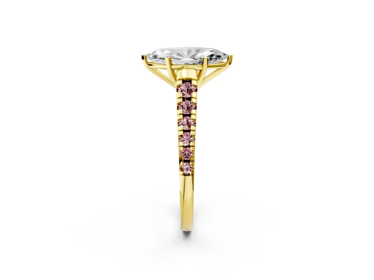Marquise Cut Diamond Cathedral Solitaire Ring with Round Morganite Pavé Band Yellow gold