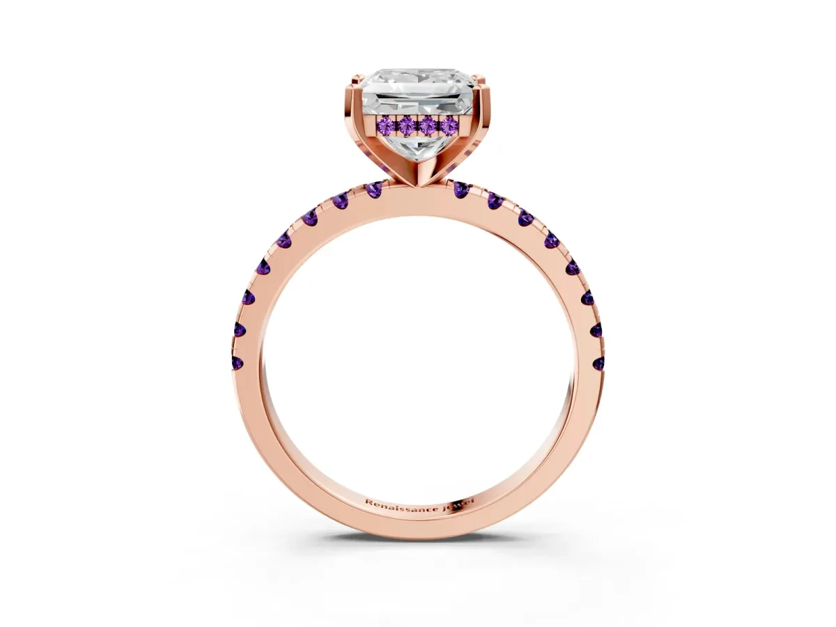 Princess Cut Diamond Solitaire Ring with Round Amethyst Pavé Band and Four-Prong Setting Rose gold