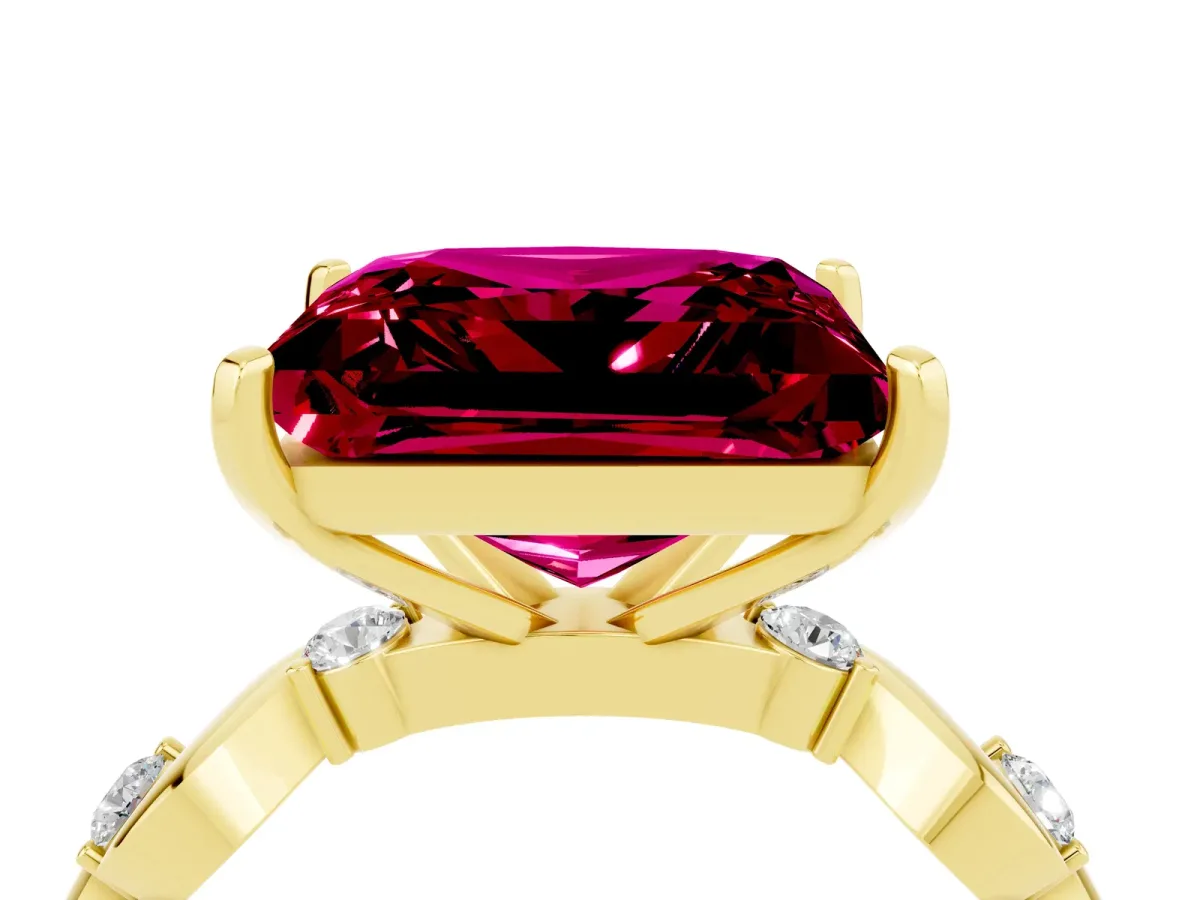 Princess Cut Garnet Solitaire Twisted Band with Round Accents and Prong Setting Yellow gold