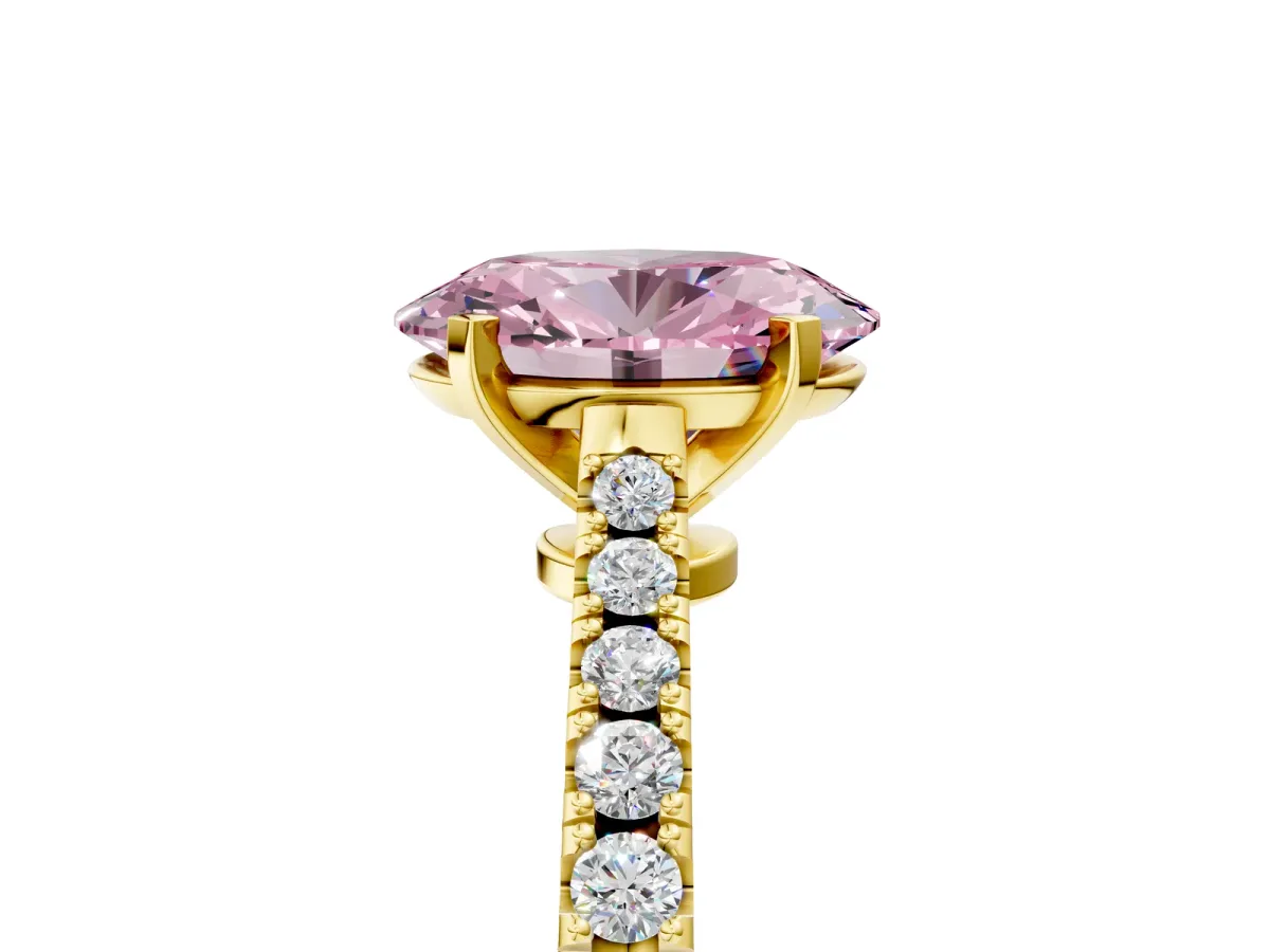 Fancy Pink Oval Cut Cut Solitaire Diamond Engagement Ring with Pave Band and Four-Prong Setting Yellow gold