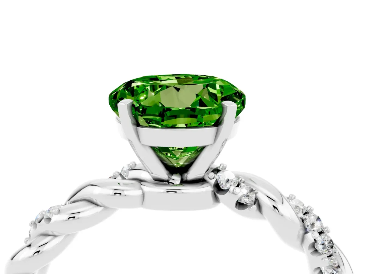 Round Cut Peridot Solitaire Ring with Twisted Band and Pavé Accents Silver