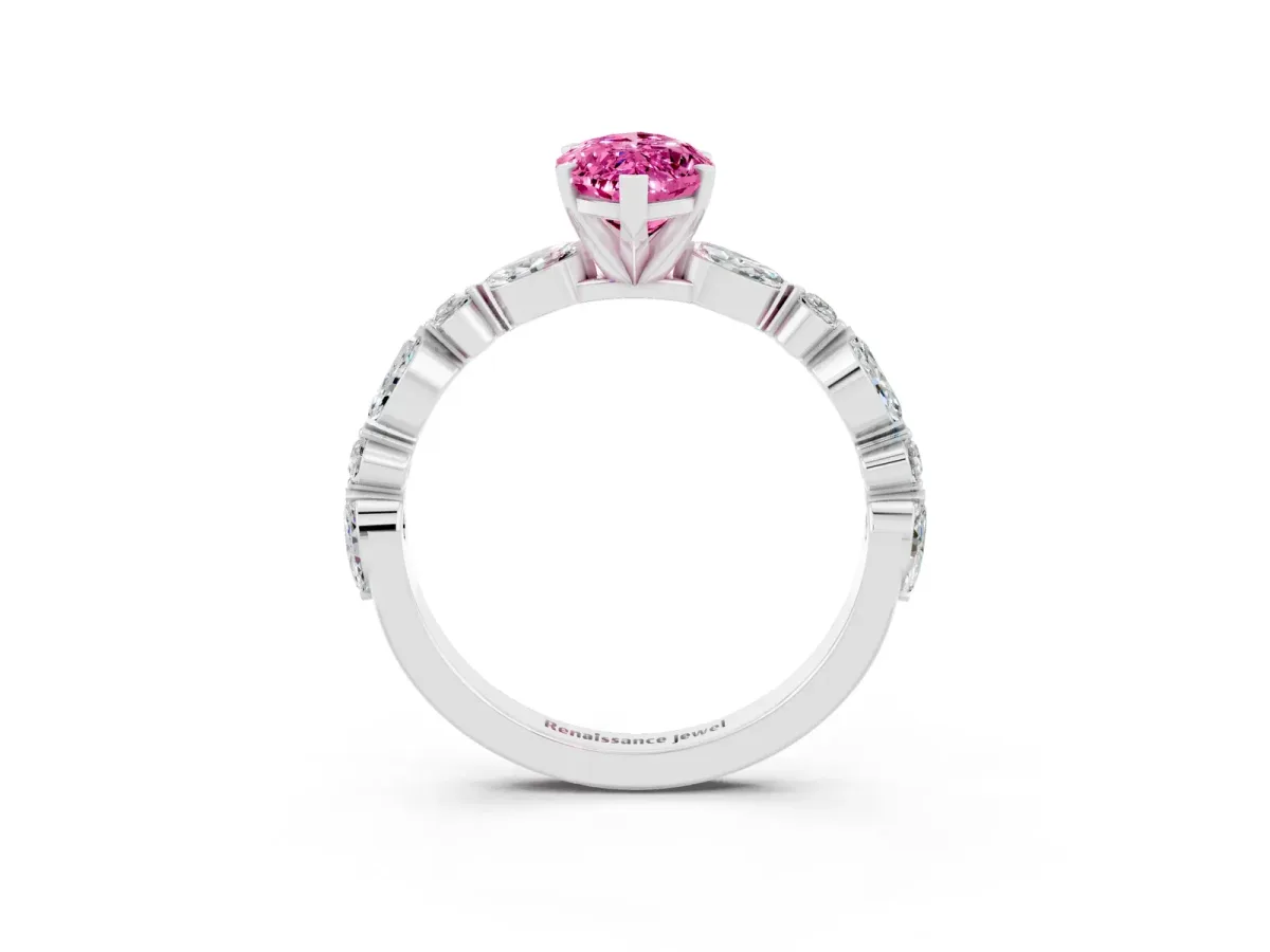 Marquise Cut Pink Sapphire Ring with Marquise and Round Side Stones and Four-Prong Setting White gold