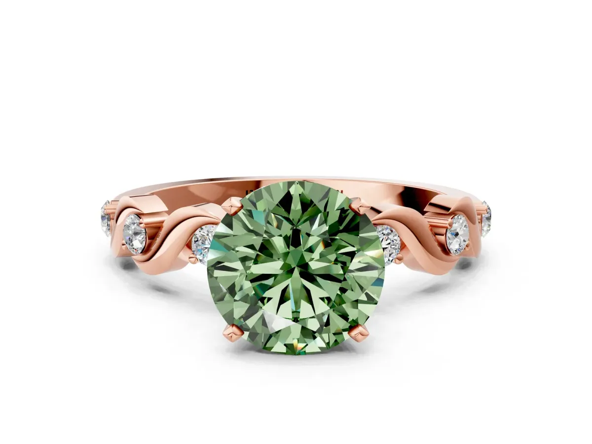 Fancy Green Asscher Cut Diamond Solitaire Twisted Band with Round Accents and Prong Setting Rose gold