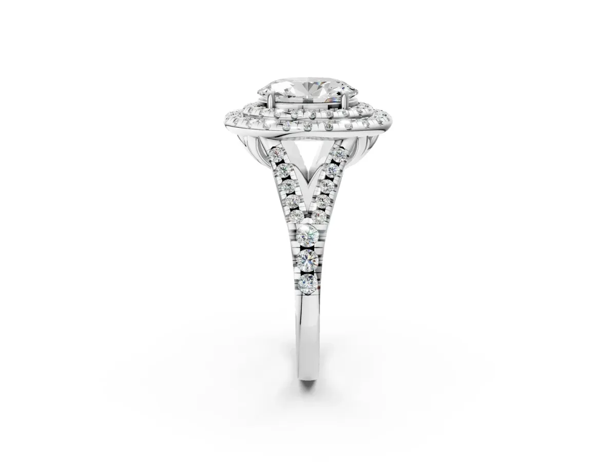 Double Halo Oval Cut Diamond Pavé Split Shank Ring with Prong Setting Silver