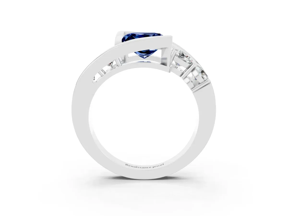 Bezel Set Princess Cut Blue Sapphire Bypass Ring with Round Accents Silver