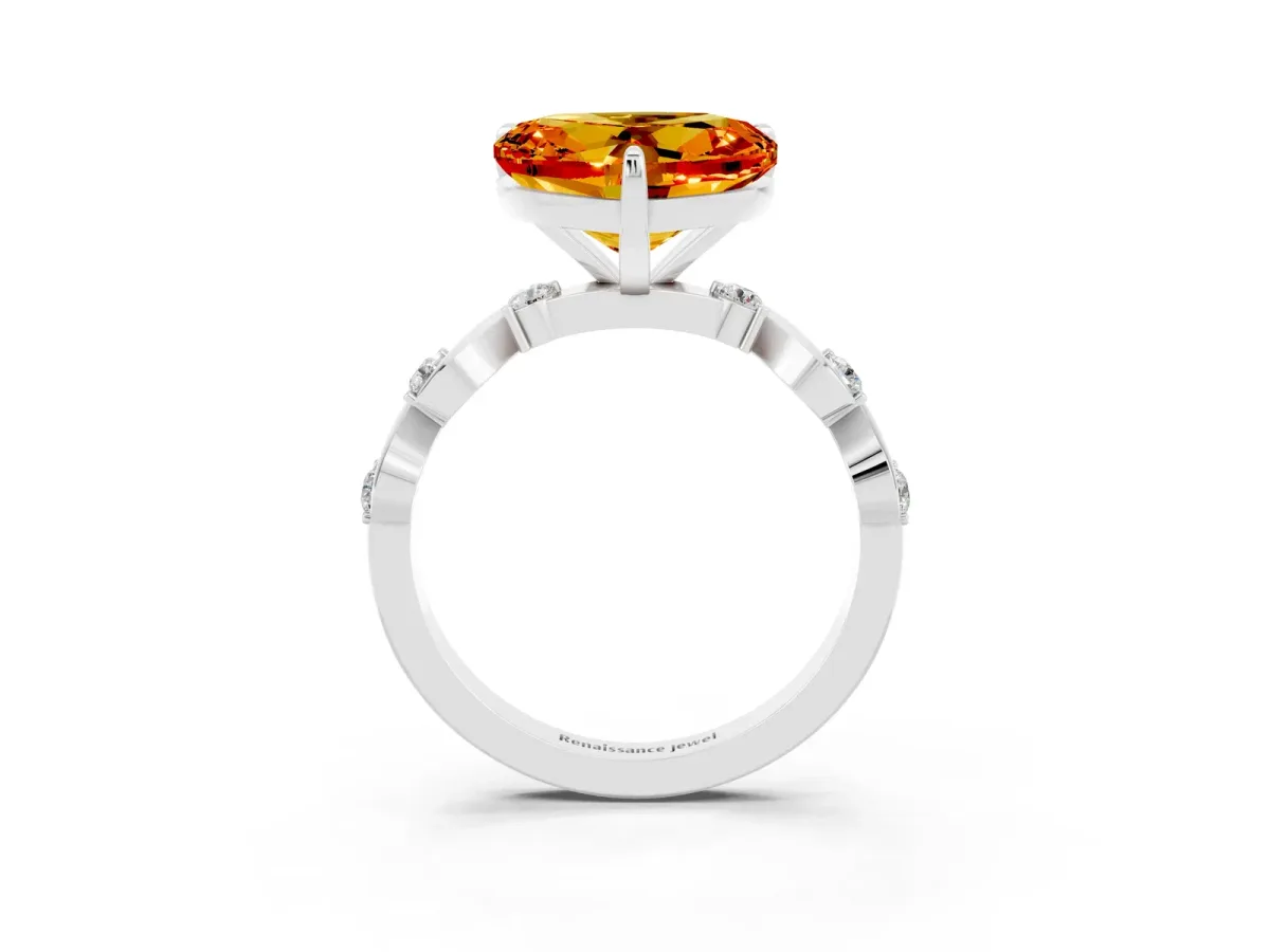 Heart Cut Citrine Solitaire Twisted Band with Round Accents and Prong Setting White gold