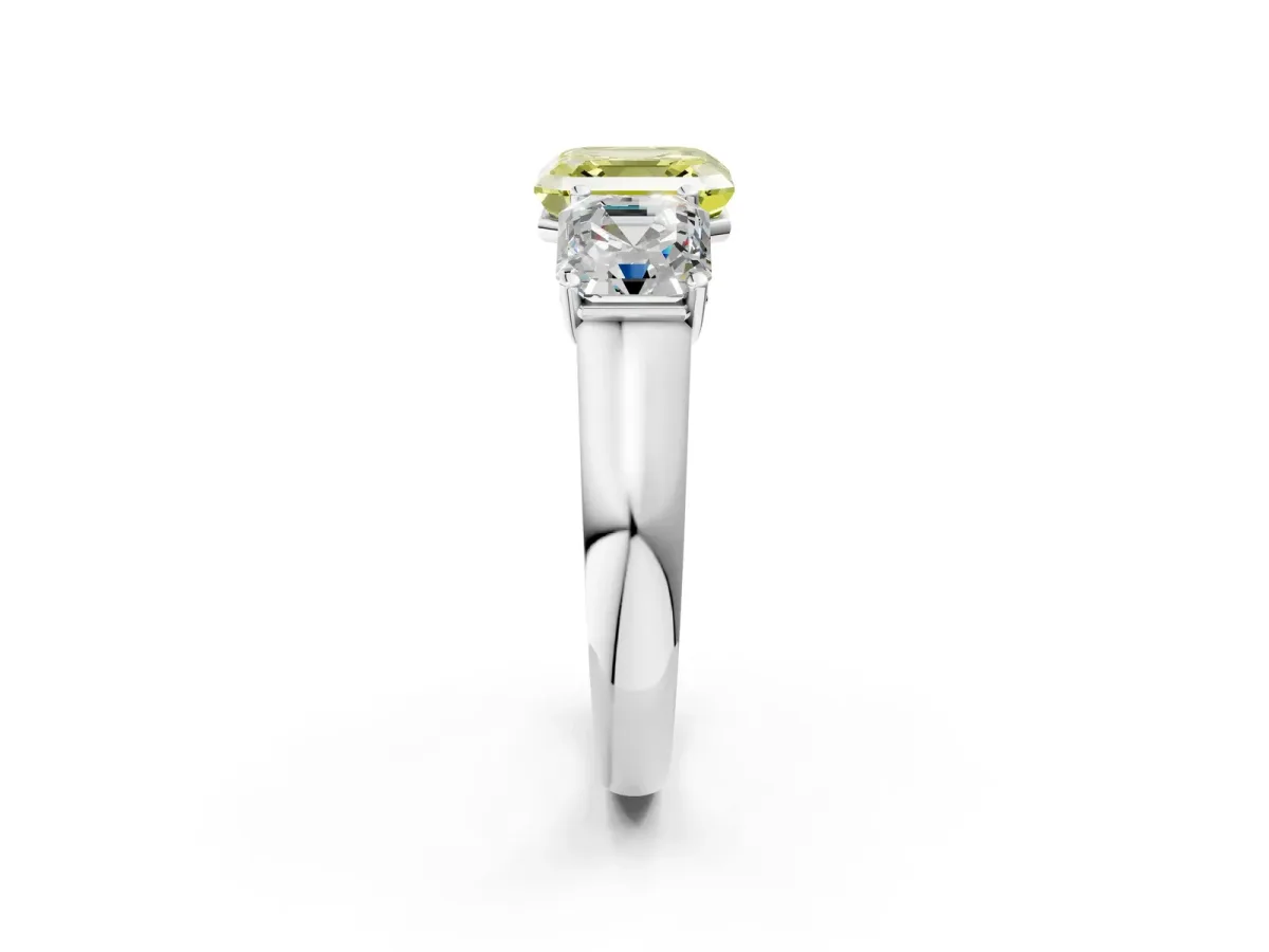 Fancy Yellow Asscher Cut Three-Stone Diamond Ring with Prong Setting on a Classic Band Platinum