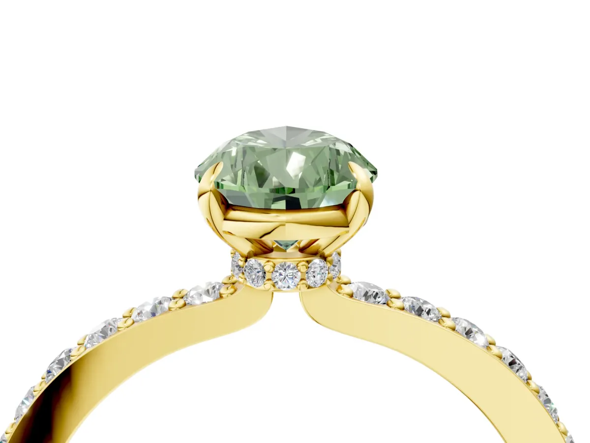 Fancy Green Pear Cut Diamond Solitaire Engagement Ring with Pavé Band and Four-Prong Setting Yellow gold