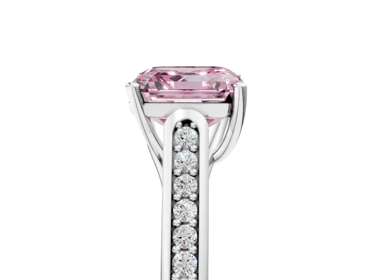 Fancy Pink Asscher Cut Solitaire Cathedral Diamond Engagement Ring with Channel-Set Band and Four-Prong Setting Platinum